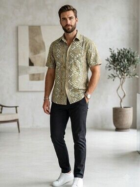 Vintage R&R Mutli Patterned 100% Cotton Short Sleeve Button Down Retro Shirt S